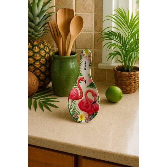 Bonaire Souvenir Ceramic Spoon Rest – Pink Flamingos Tropical Flowers – @giftcor - Picture 5 of 5